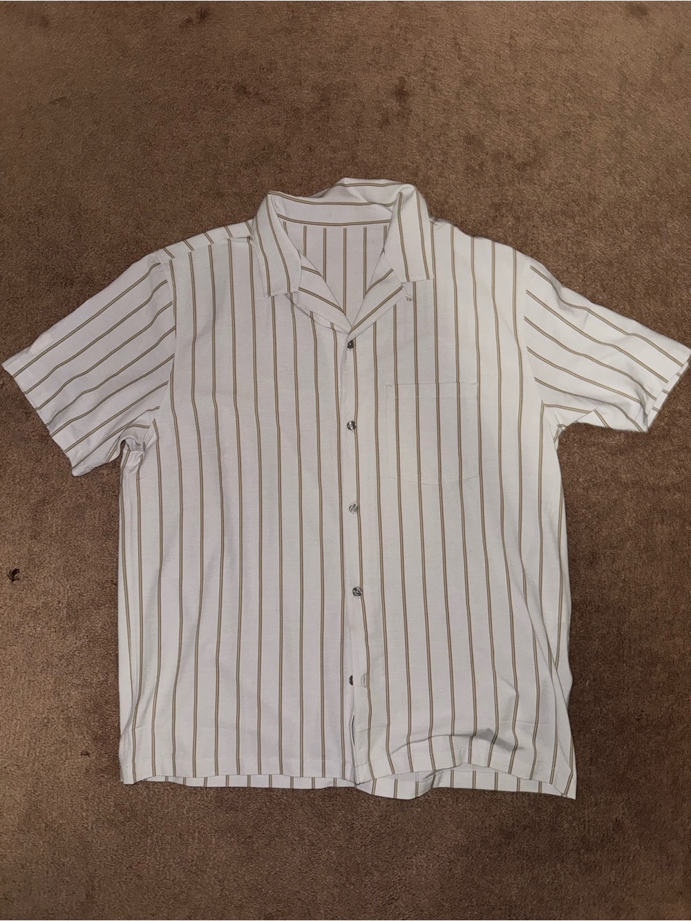 Vuori Men's Short Sleeve Button-Up Shirt in White with Tan Stripes